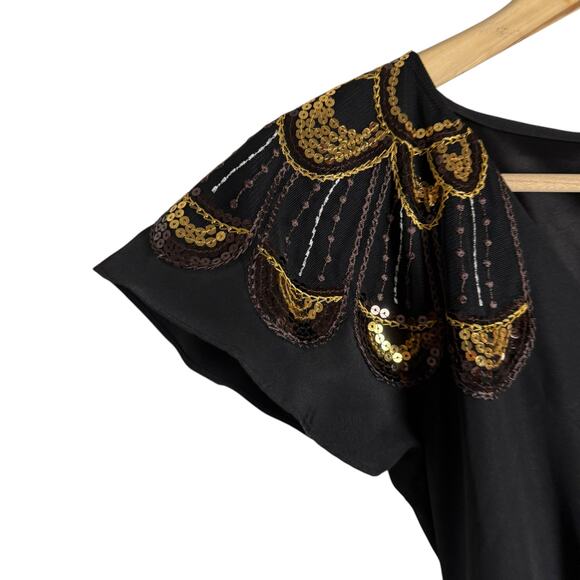 Gianni Bini Black Sequin Embellished Flutter Sleeve V-Neck A-Line Dress Size 2 - Picture 3 of 10